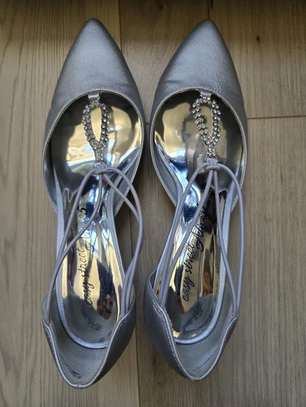 Easy Street Moonlight Silver T-Strap Pumps with Crystal Accent